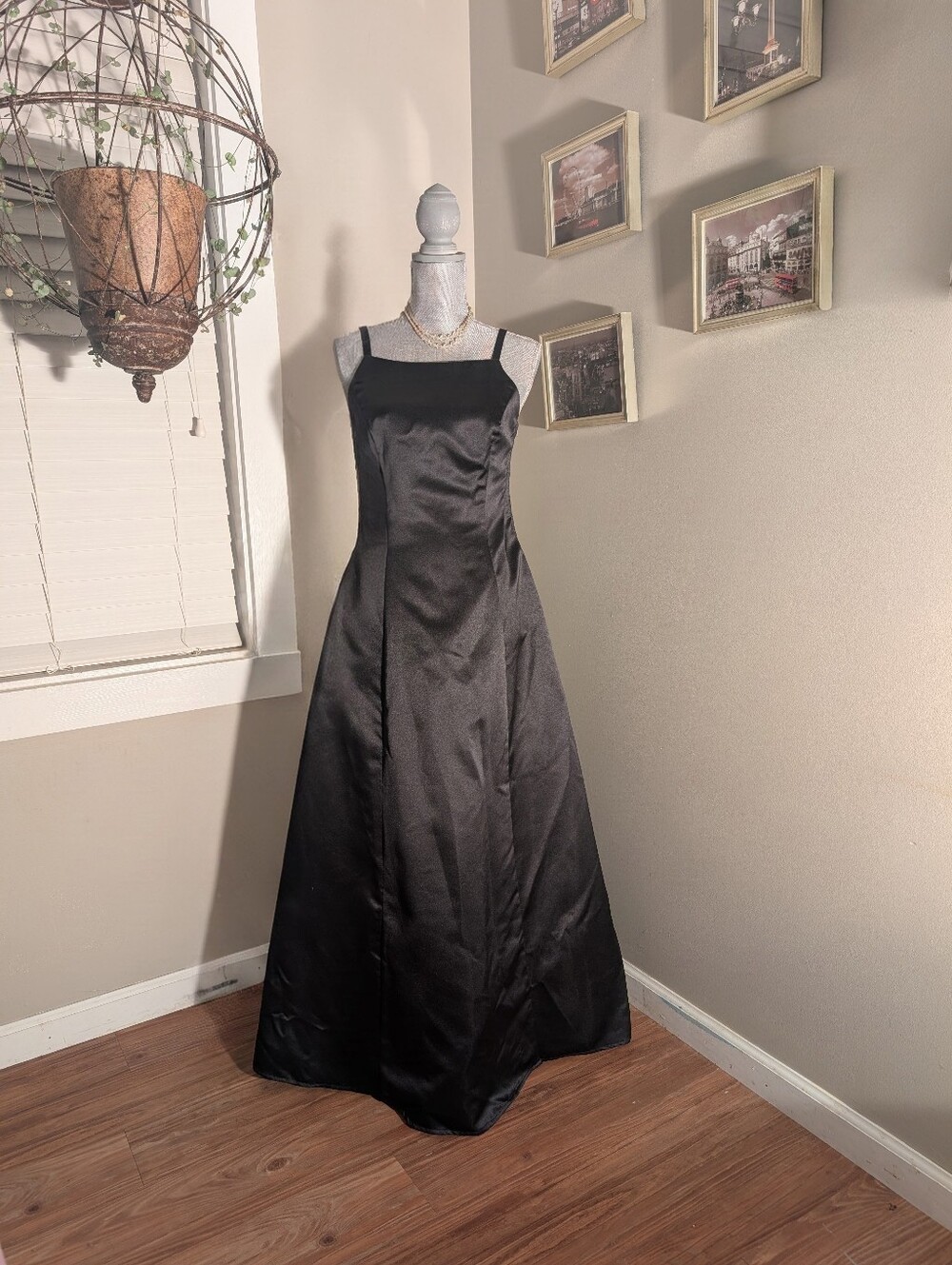 vintage White House Black Market black satin floor-length gown